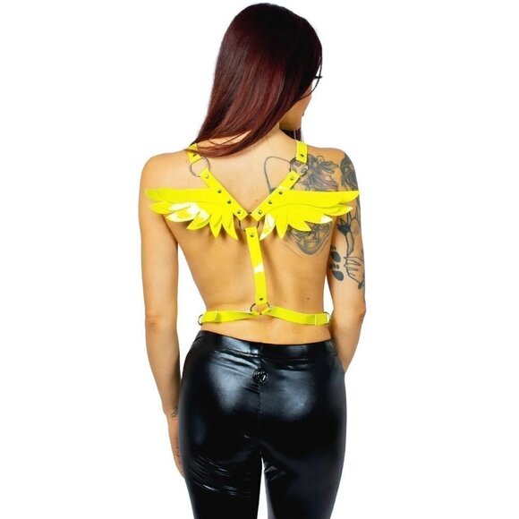 YELLOW Leather Harness Angel Wing Garter Belt Waistband Slave Fetish Bondage Sex